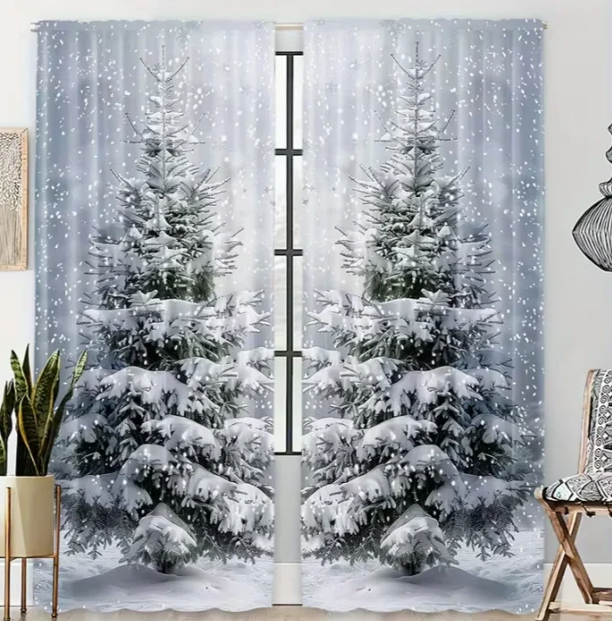 2pcs, Christmas Tree Curtains Christmas Decorative Window Drapes Rod  Window Treatment, for Bedroom Living Room, Home Decoration