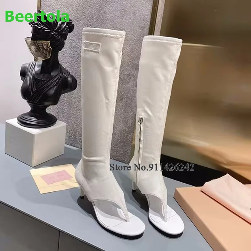 Flip-flops Real Leather Elastic Luxury Boots For Female Women Round Toe Sandals Side Zipper Thin High Heel Solid Fashion Shoes