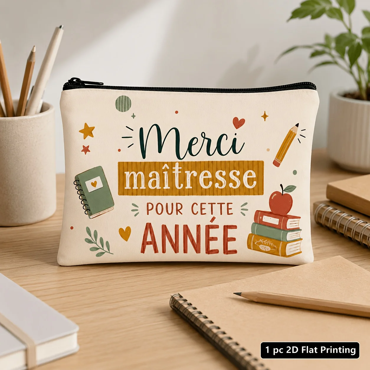 French Teacher Cosmetic Bag Merci Maîtresse Book Apple Pencil Graphic Wash Pouch Heartfelt Thank You Gift for Tutors for Women