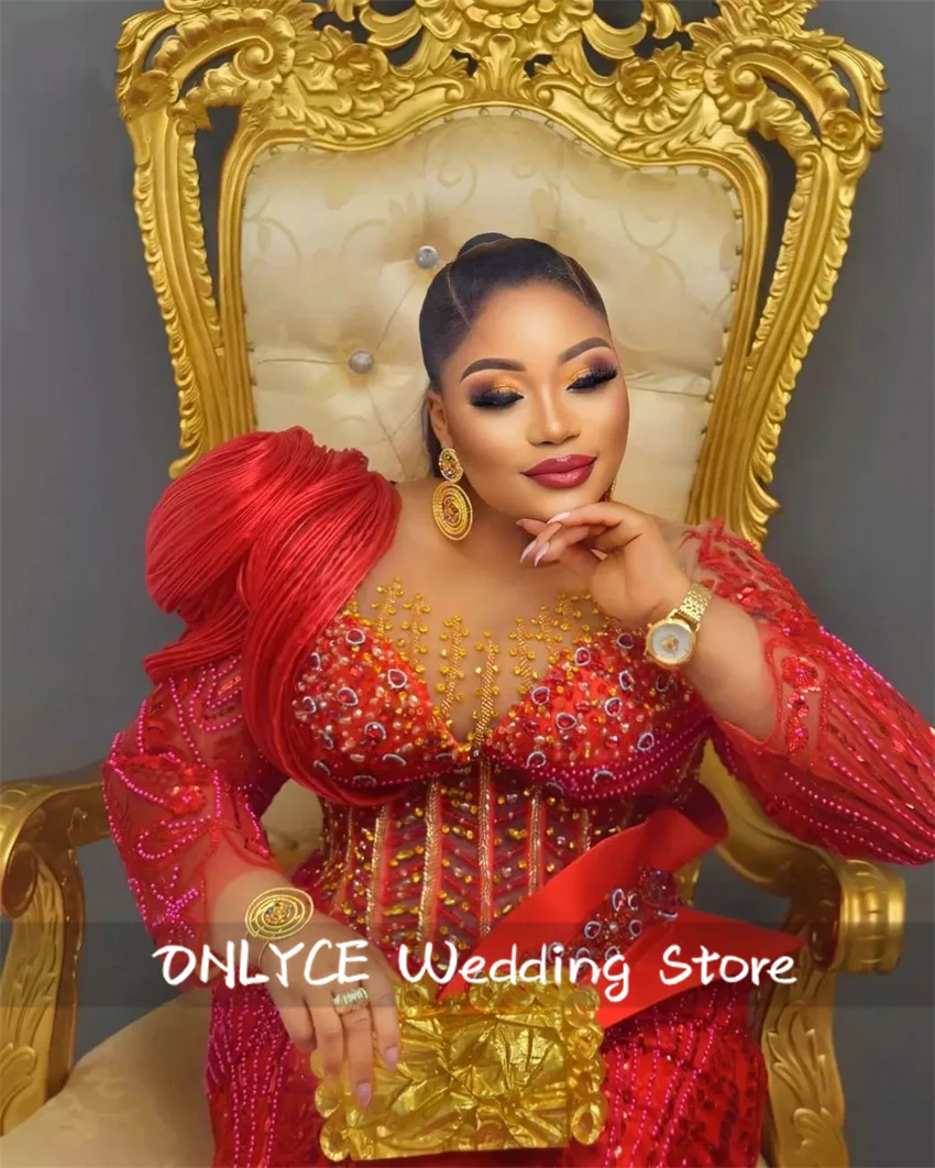 Red Beaded Long Sleeve African Mermaid Evening Dress Aso Ebi Wedding Party Dress See Thru Formal Occasion Dress Customized image 4