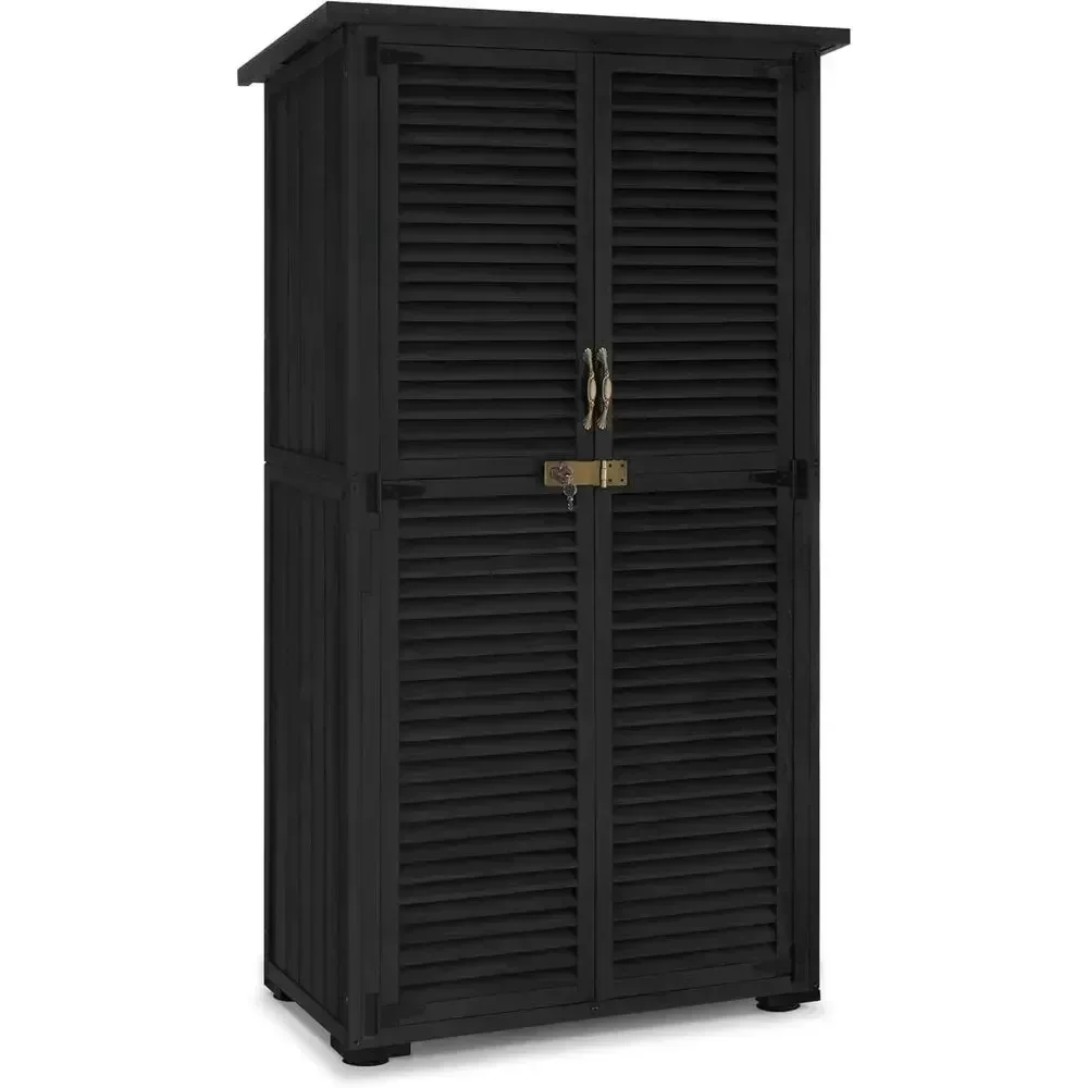Medium Black Wooden Outdoor Storage Shed with Double Doors for Garden Tools and Patio Yard Lawn