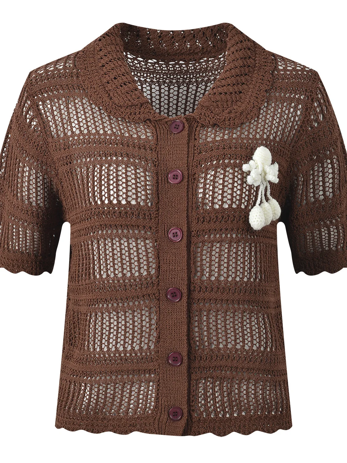 

Элегантный европейский повседневный вязаный кардиган с коротким рукавом, ажурный, в полоску, с цветочным узором, весенне-летний топ для женщин