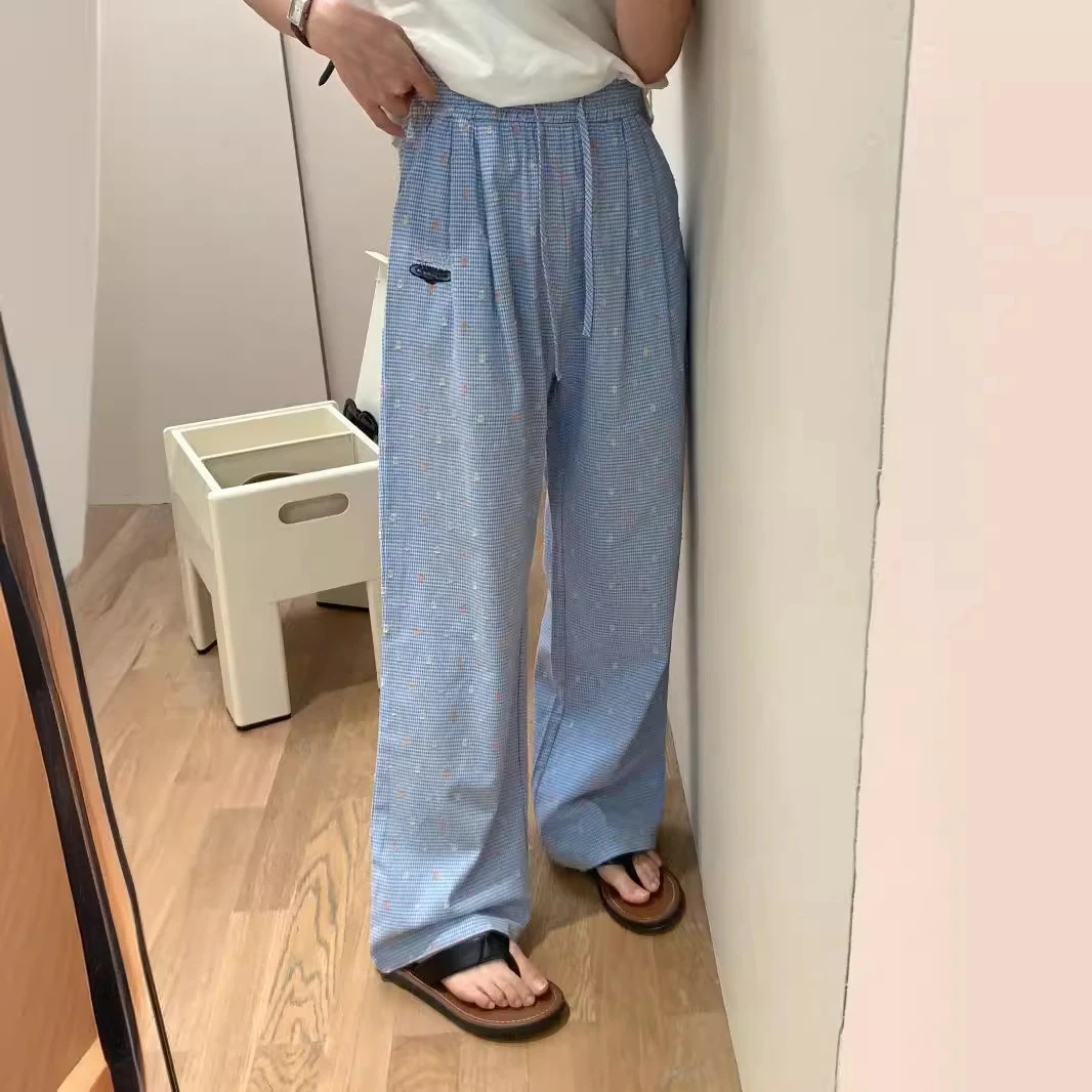 

Saturn polka dot print casual long pants women's wide-leg trousers blue color good quality joggers sweatpants