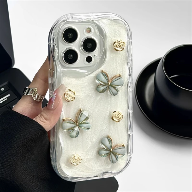 Korean Style 3D Floral Butterfly Epoxy Case For iPhone 15 14 13 12 11 Pro Max X XS XR Camera Protective Wave Silicone Soft Cover