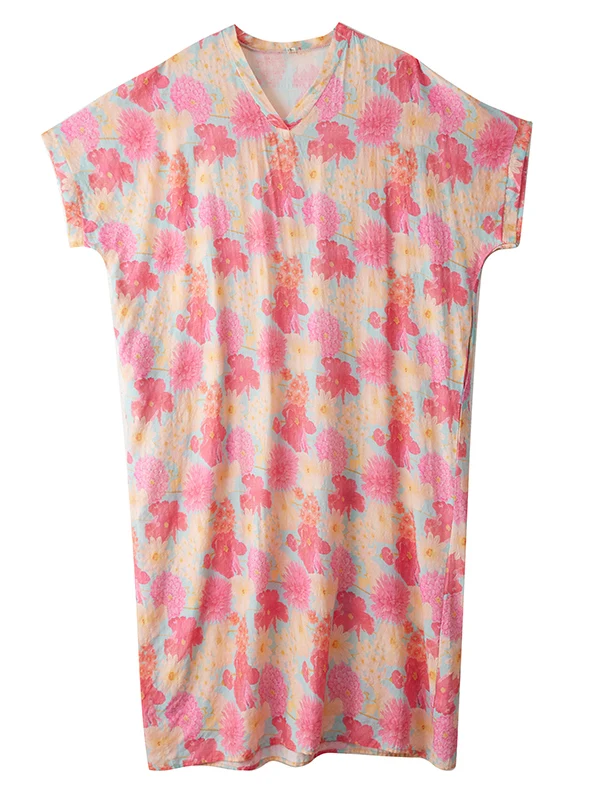 レトロなコットンリネンロングドレス、Vネック、花柄プリント、夏の旅行、カジュアル、ゆったりとしたウエスト、オルトスヴェ、Hシェイプ、Aラインドレス