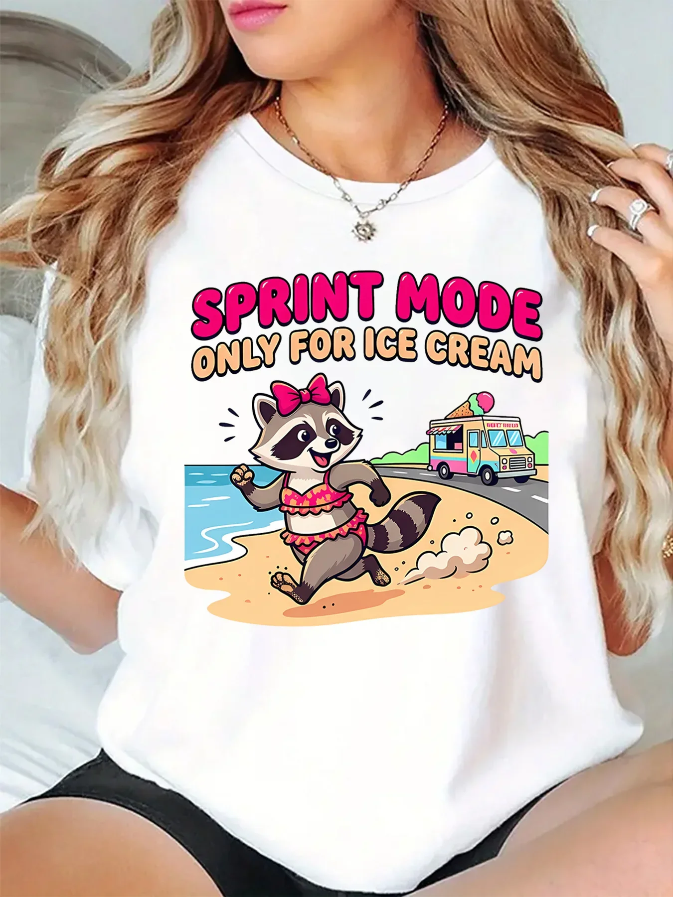 Cute Raccoon Sprinting For Ice Cream Truck Summer Quote Graphic Womens T Shirt Short Sleeve Crew Neck Casual Ladies Tee Tops