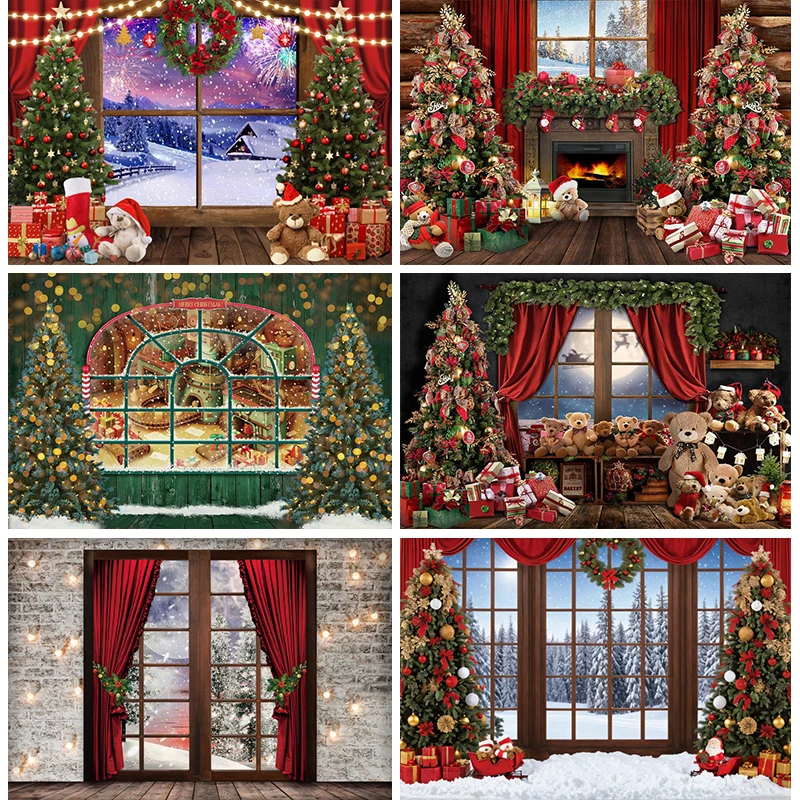 

Christmas Window Decorations Background for Photography Xmas Trees Decorative Fake Fireplace Photo Backdrop Party Interior Decor