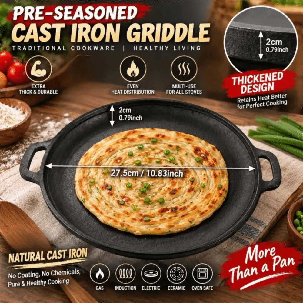Practical Cast Iron Cast Iron Skillet Round Shape Black Pizza Pan Even Heating Double Loop Handles Frying Pan Kitchen Cookware