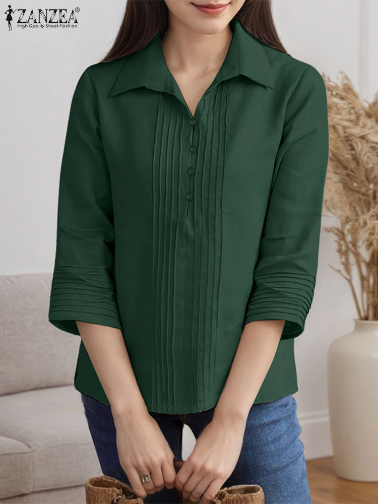 

ZANZEA женские повседневные рубашки со складками на спине, осень 2022, отложной воротник с рукавами 3/4, сорочки на половину пуговиц, женские топы для поездок на работу