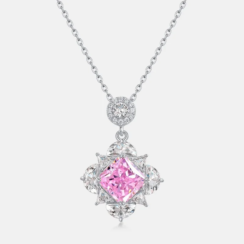 925 Sterling Silver Pendant Necklace For Women 10*10mm lab Created Diamond Pink Blue Yellow Gemstones Fine Jewelry Gift