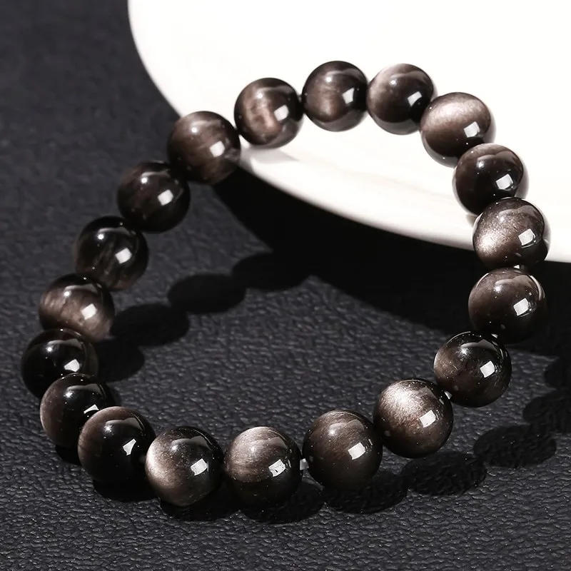 JD 7A Natural Stone Silver Color Shiny Obsidian Bead Strand Bracelet Women Top Quality Round Bead Health Charm Stretch Jewelry