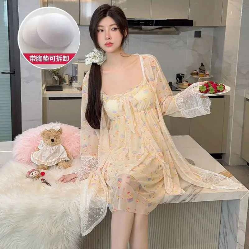 2026 Summer 2PCS Sexy Lace Lingerie Mesh Print Nightgowns Robes Sets for Women Bathrobe Sleepwear Nightdress Night Dress Nighty
