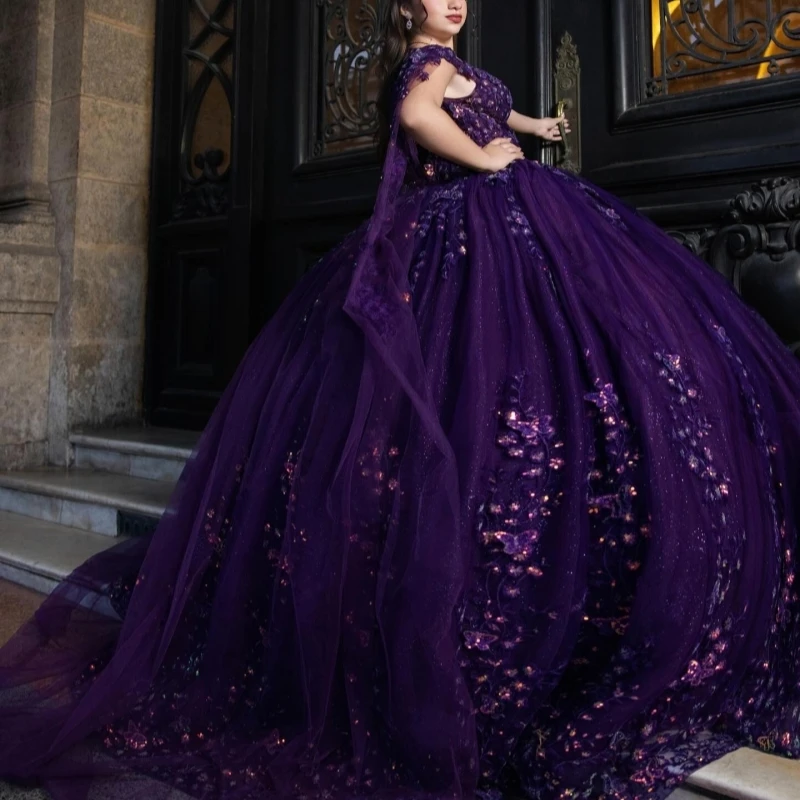 

Purple Shiny Ball Gown Quinceanera Dresses 2026 Applique Lace Beading Crystal Tull Corset Off Shoulder Sweet 16 Dress Years Vest