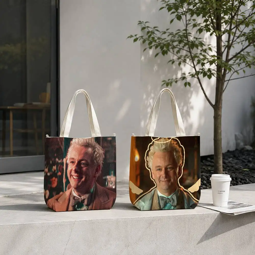COOL good O-omens new Group  Tote Bag for Women Reusable Shopping Tote Bag Zippered Shoulder Bags Print
