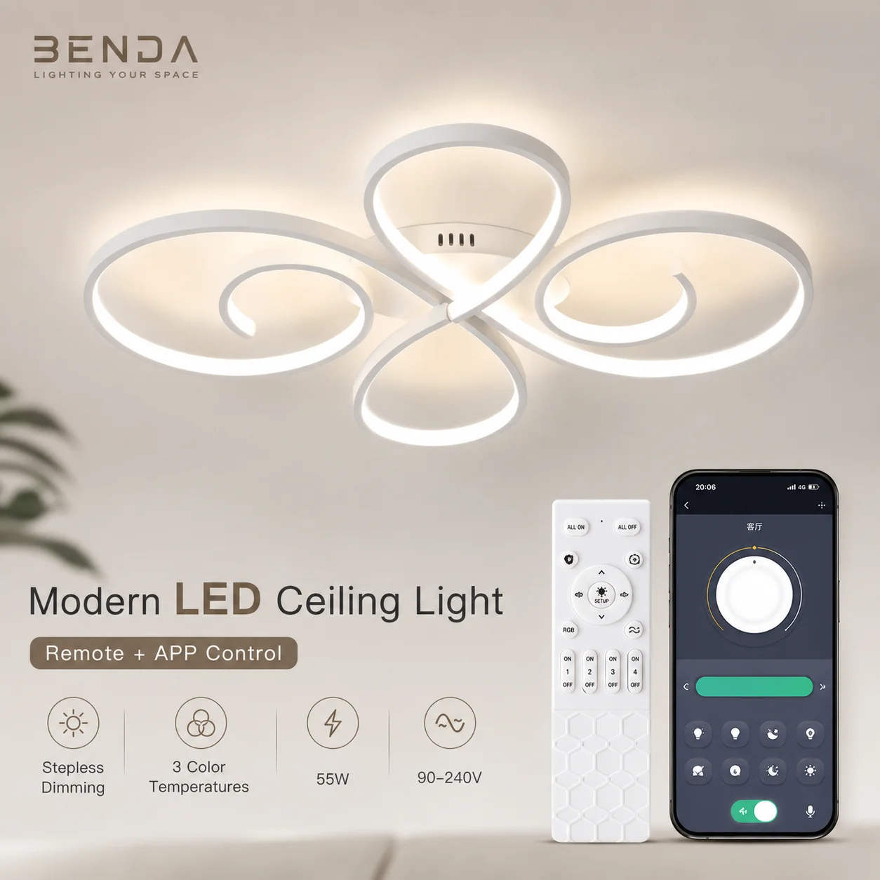

LED Ceiling Light Modern Nordic Lamp 110V 220V APP Remote Control 3 Colors Dimmable