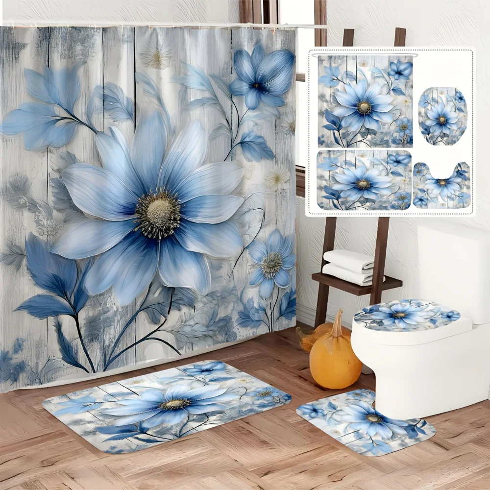 

4pc Blue floral pattern bathroom set, shower curtain, bathroom mat, U-shaped mat, toilet seat cover.
