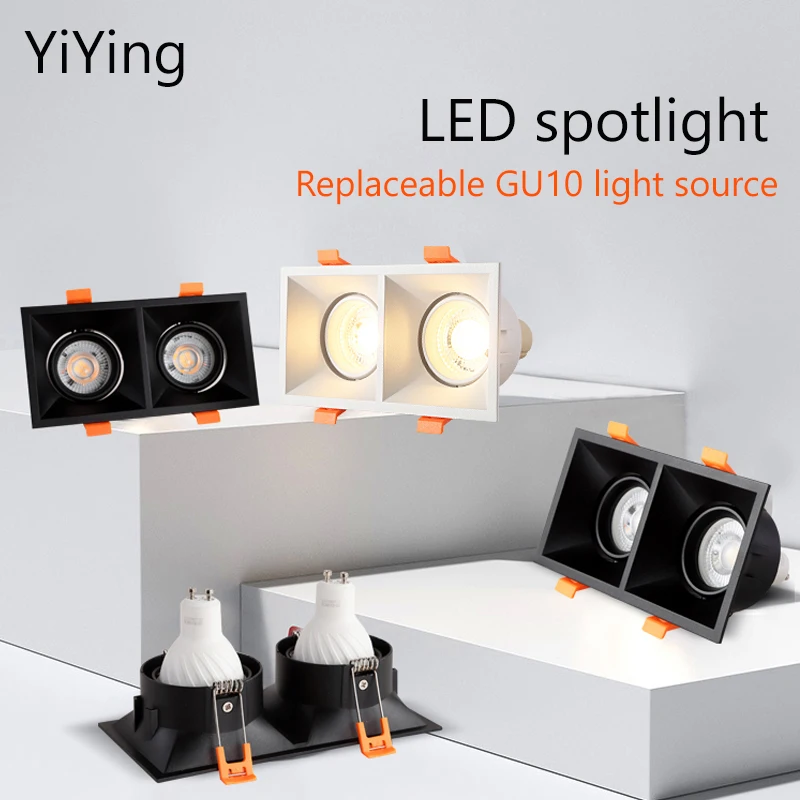 YiYing Led GU10 Spot Light Recessed Square Double Heads Spotlight White Black Aluminum Ceiling Spots Lamp For Home Living Room