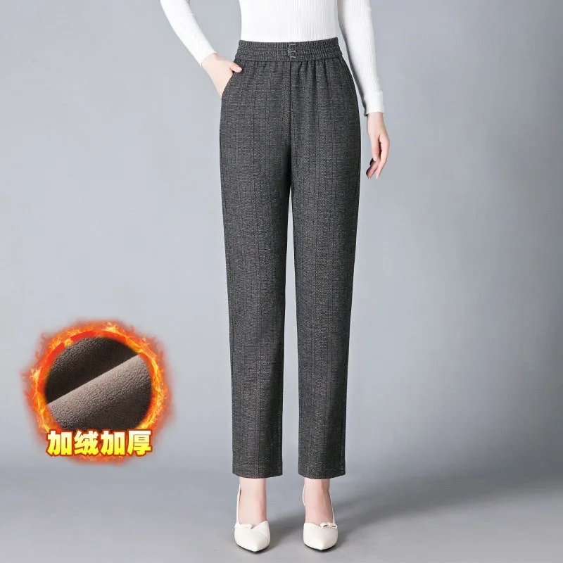 女性用伸縮性ストライプストレートレッグベルベットパンツ、ハイウエストパンツ、ウォームカジュアルパンツ、中年母親用ロングパンツ、冬
