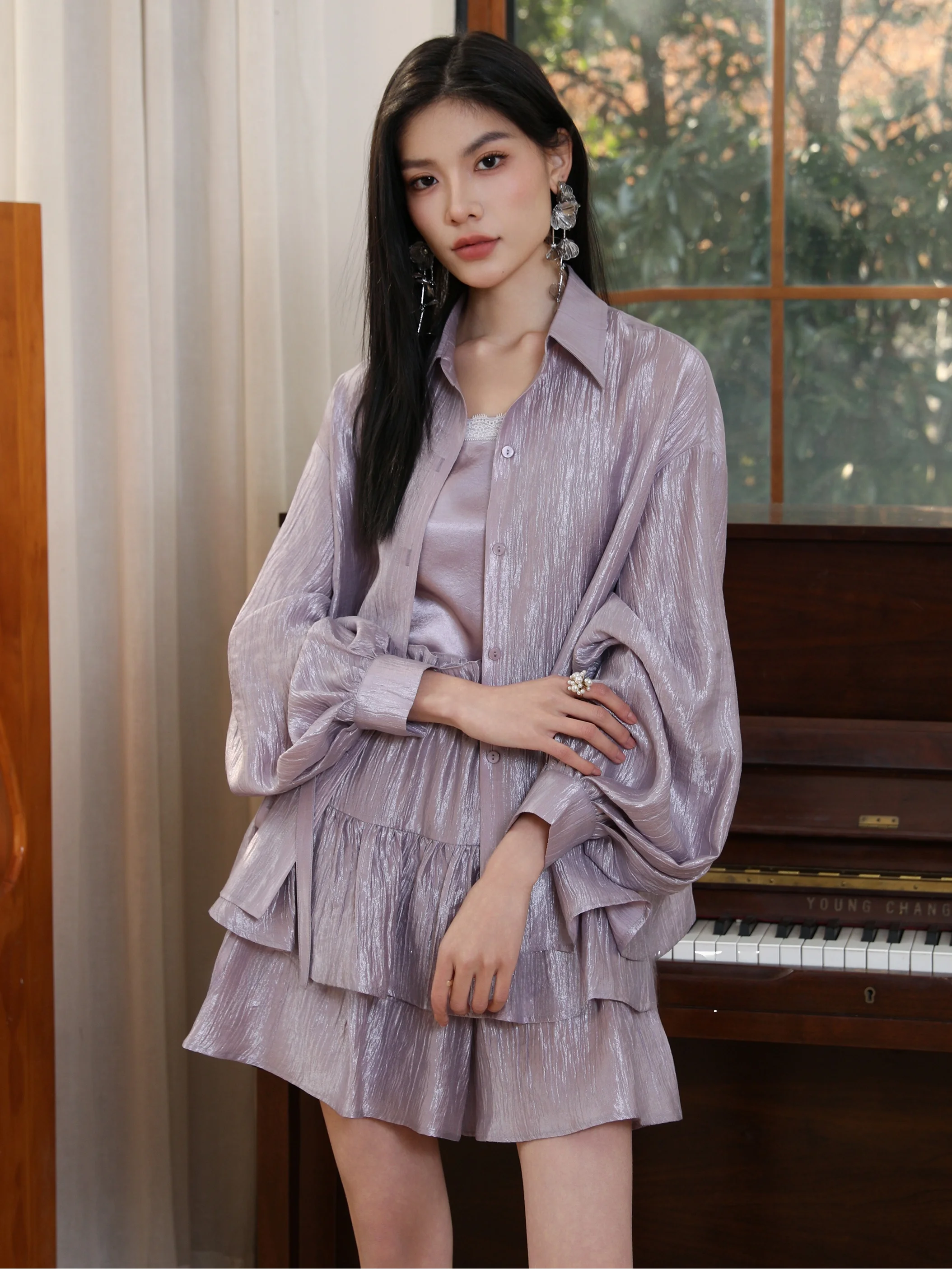 

Elegant Acetate Shirt Jacket for Women Beautiful Spring Summer Fashion Unique Stylish Top Long Sleeve Pure Color Ma Werana