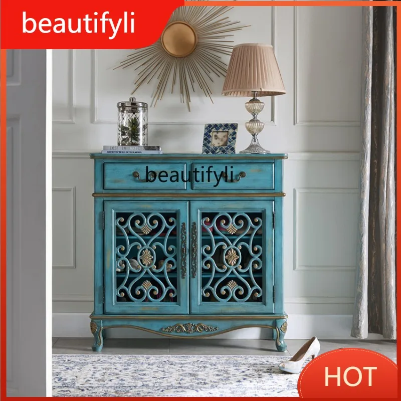 

C6601 American Style Solid Wood Hallway Hollow Shoe Cabinet Vintage Blue Decorative Storage Cabinet Factory Wholesale