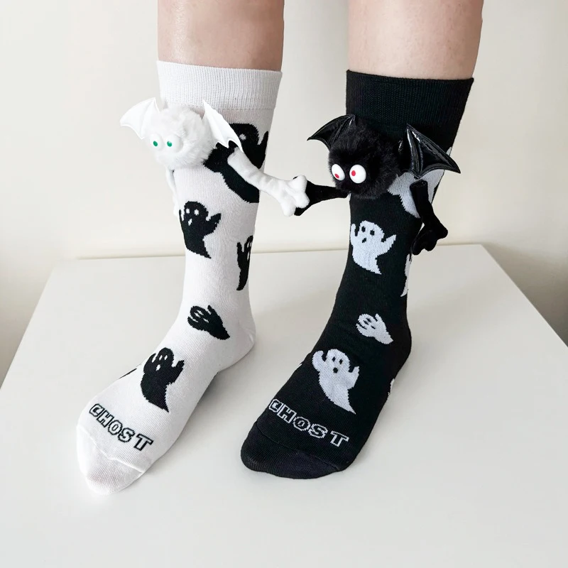 Хлопковые-носки-до-середины-икры-полиэстеровые-носки-с-магнитной-застежкой-призраком-носки-на-Хэллоуин-черные-белые-для-родителей-детей-на-нижней-части-ног
