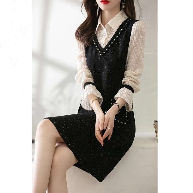 Women Elegant Dress For Spring 2023 New False 2 Piece Turn Collar Patchwork Slim Flare Sleeve Knee-Length Office Lady Dresses