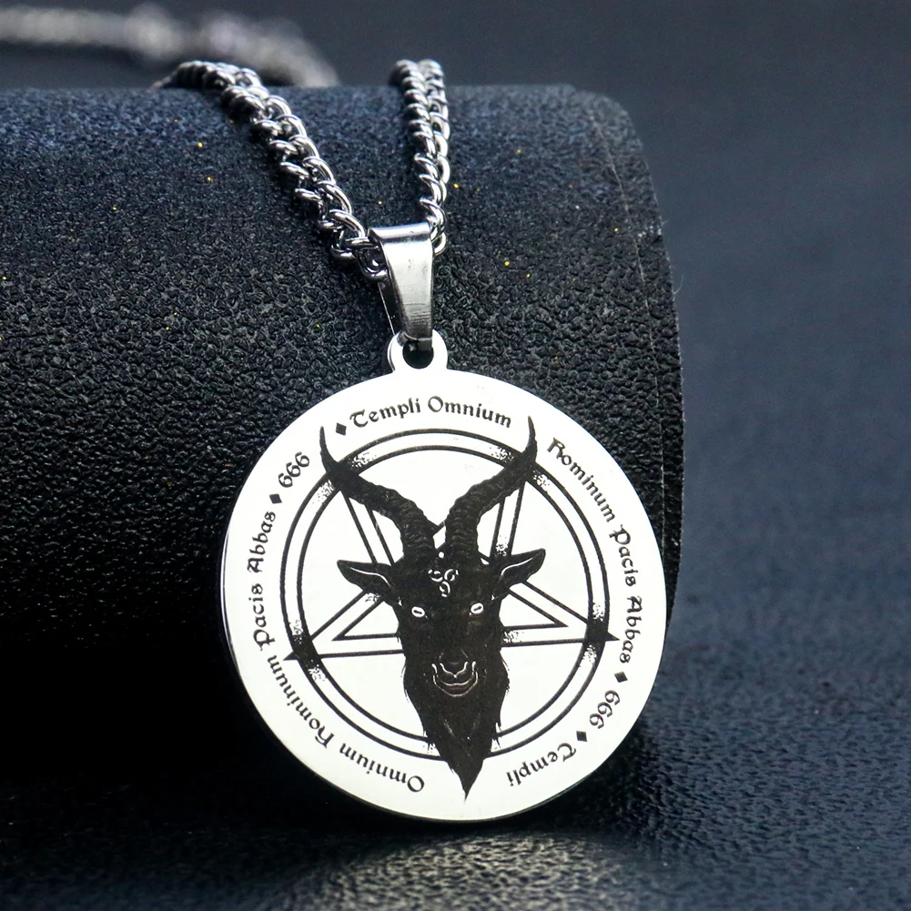 Stainless Steel Lucifer Satan Necklace 666 Demon Round Pentagram Solomon Pendant Geometric Patterns Skull Goat Head Amulet