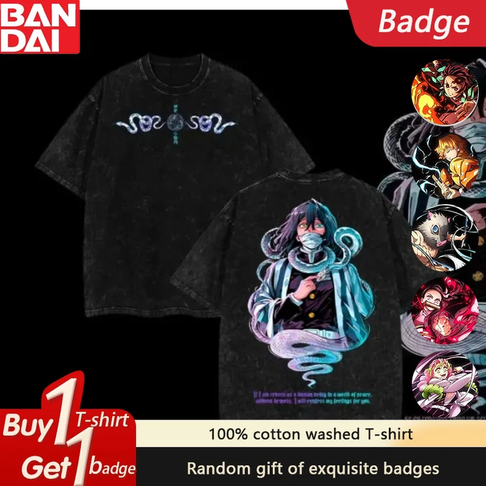 

Demon Slayer Anime Iguro Obanai Washed T-shirt Summer Pure Cotton Men's and Women's Plus Size Loose Casual Short Sleeved Top