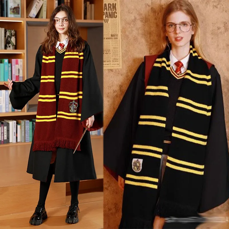 Bufanda de punto con borlas de Hogwarts de Harry Potter, con bordado y insignia, bufanda de invierno cálida, accesorio de disfraz de cosplay, regalo para fans, anime, One Piece.
