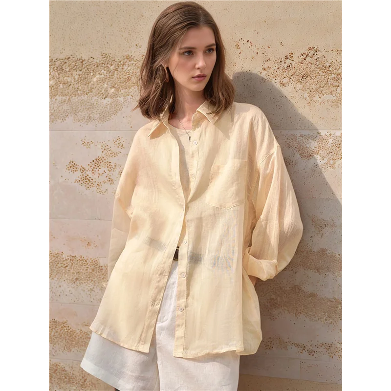 

【SEE】Женские рубашки на пуговицах с длинными рукавами, марлевые топы рами, повседневные блузки с воротником, свободный крой