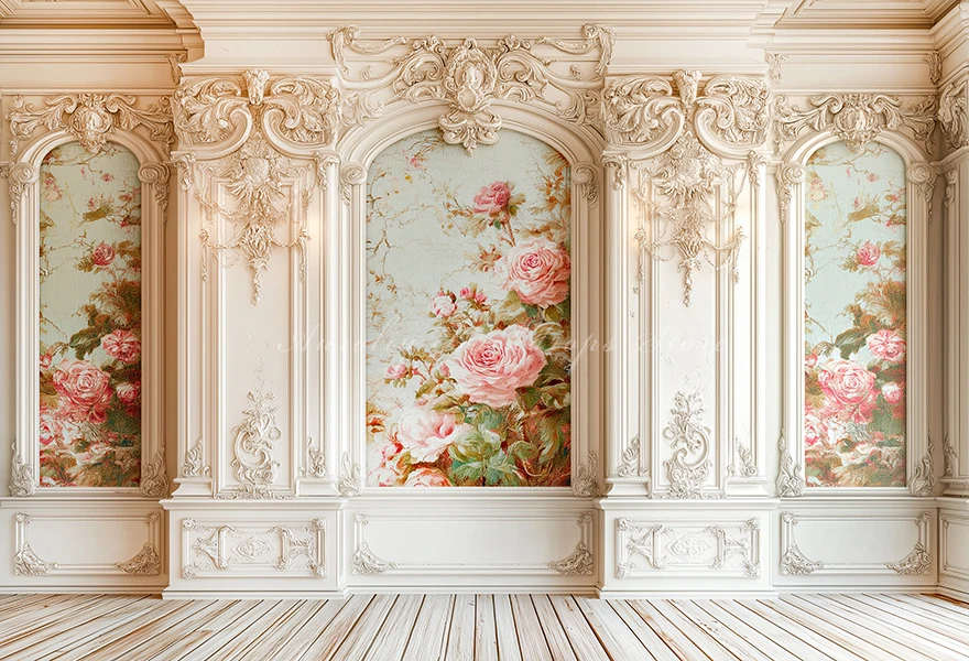 Elegant Wall With Floral Painted Panels Backdrop Kids Adult Photography Portrait Props Baby Girl Photocall For Photostudio Decor