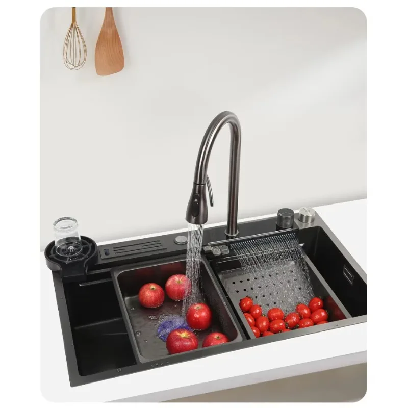 Handmade 304 Stainless Steel Cup Washer Above Mount Waterfall Faucet Single Bowl Farmhouse Kitchen Sink with Nano Black Finish
