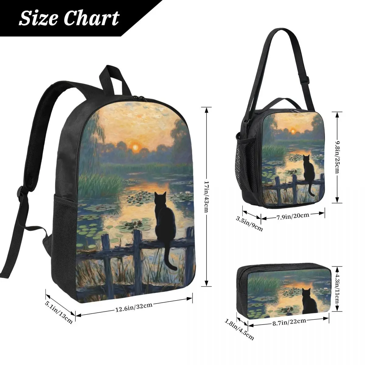 Adorable Kitten Water Lily Pond Bridge Backpack Kids BookBag School Bag Laptop Shoulder Bags 3ps Insulated Lunch Bag Pencil Case