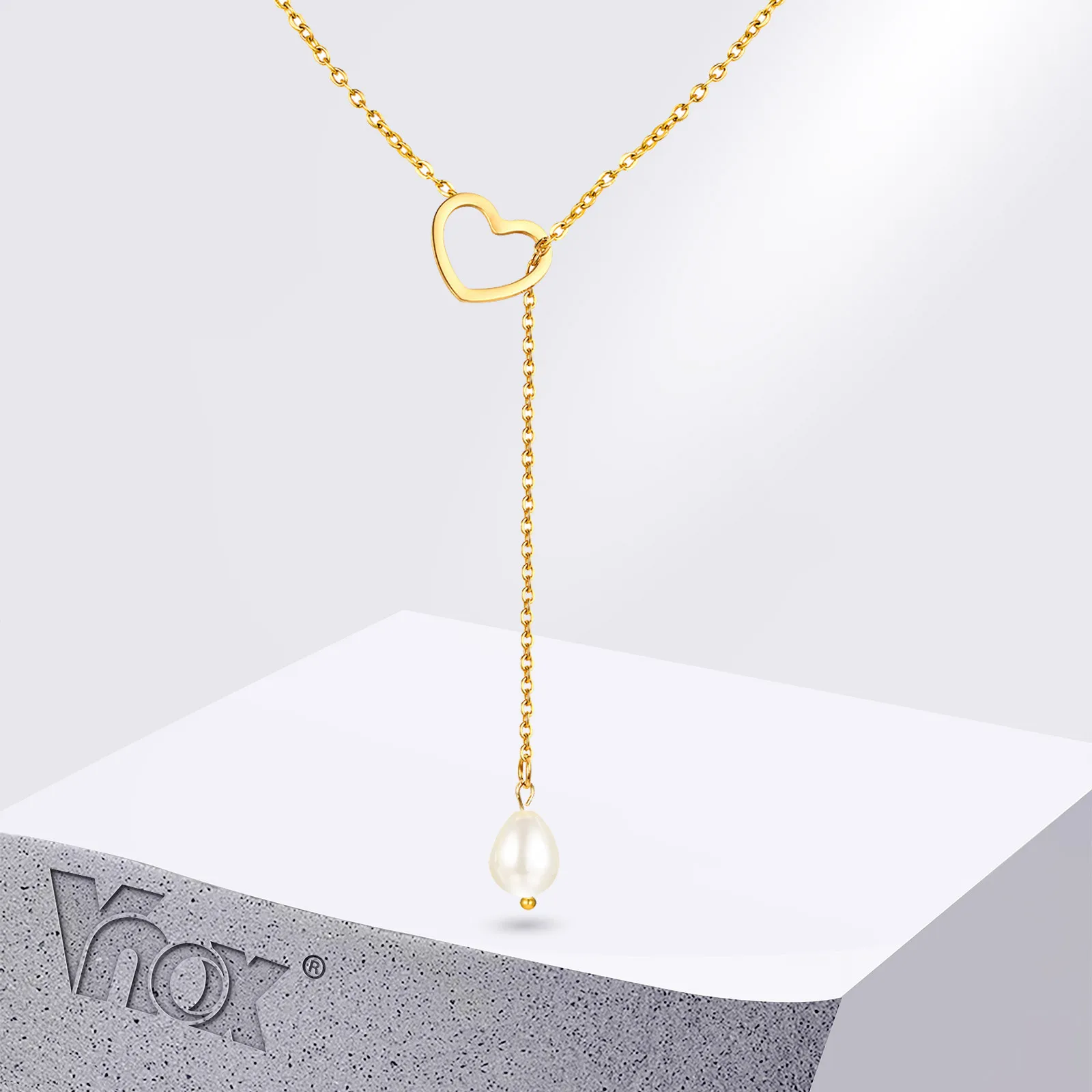 Vnox Lariat Heart Necklaces for Women Girls, Stainless Steel Cable Chain with Baroque Charm Pendant, Elegant Love Gift for Her