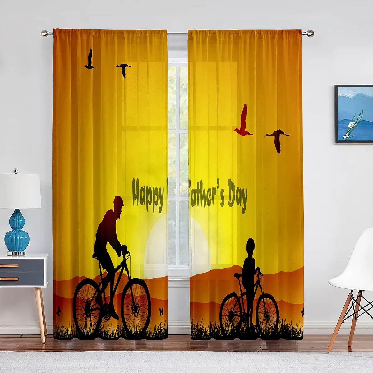 Happy Father‘s Day Sheer Voile Curtain Ocean Beach Sunset Kids Silhouettes Window Tulle Curtains for Living Room Bedroom Decor