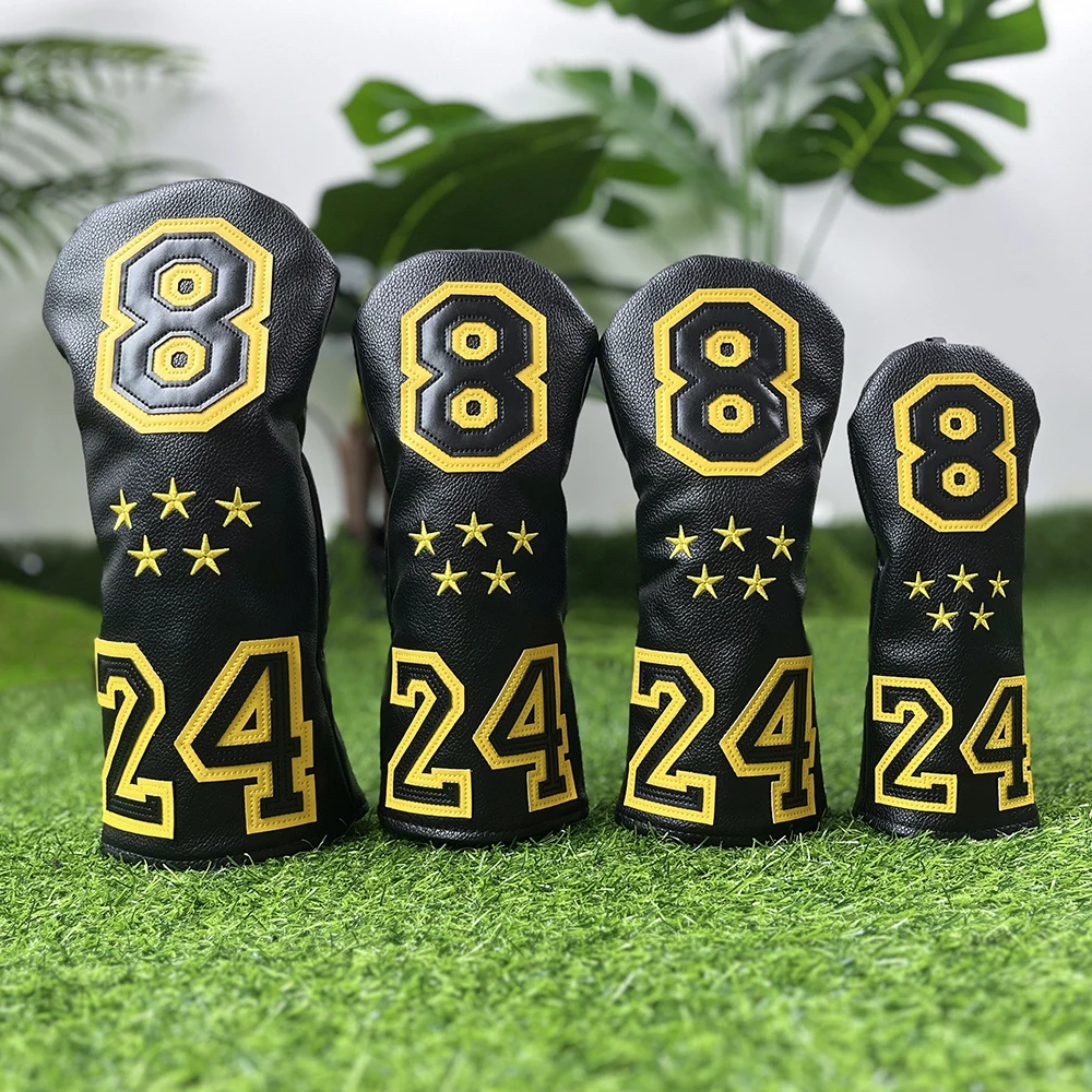 1pc/3pcs Driver/Fairway/Hybrid - Golf Club Headcovers with Numbers 8 and 24 and Five Star Embroidery | Black and Yellow