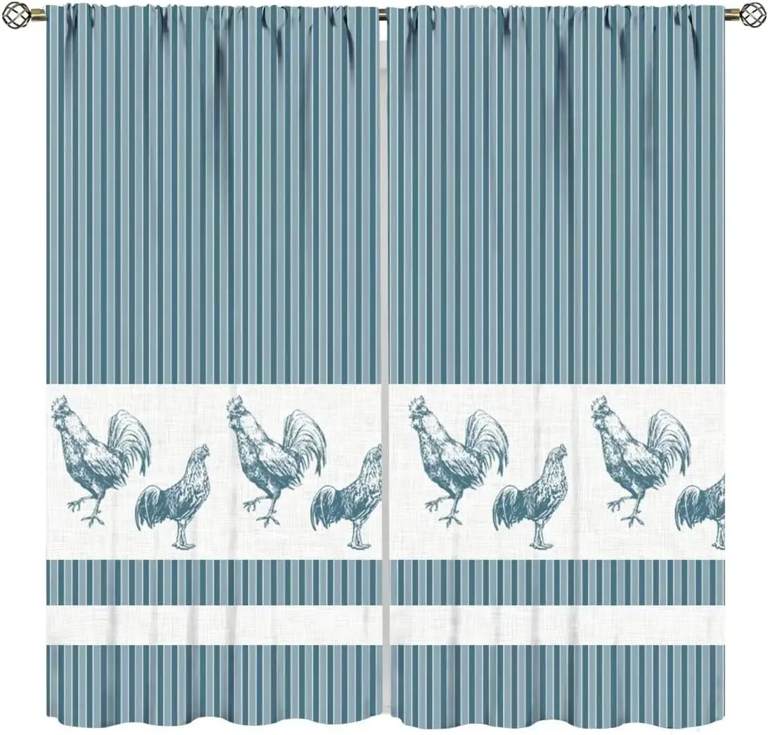 Rustic Blue Stripe Rooster Sketch Blackout Curtain 2 Panels Farm Linen Print Window Drape Homestay Country Style Living Room
