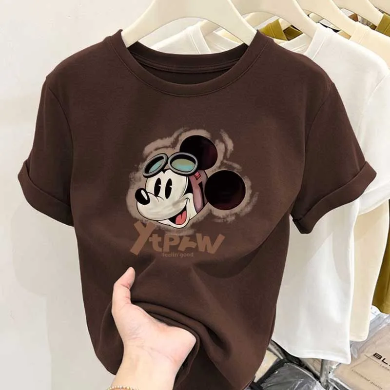 

Trendy Brand Mickey Graphic T-shirt Women Brushed Cotton Regular Shoulder Versatile Age-reducing Short Sleeve Top for Fall