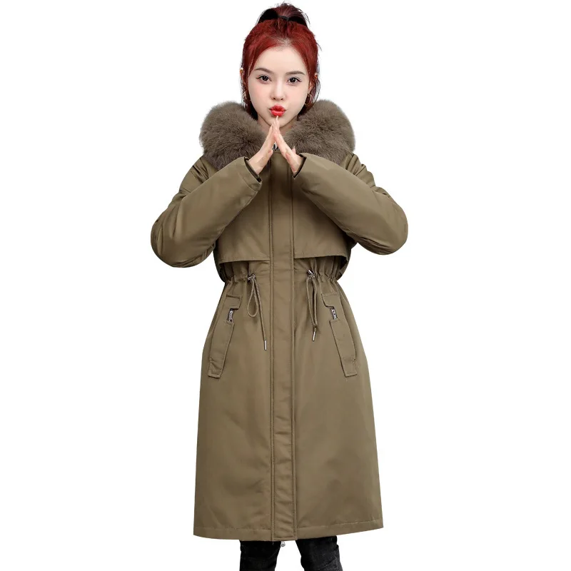 Women Hooded Parkas Coats Solid Jackets Zipper Detachable Pocket Drawstring Long Sleeves Longline Thick Slim Casual 2025 Winter