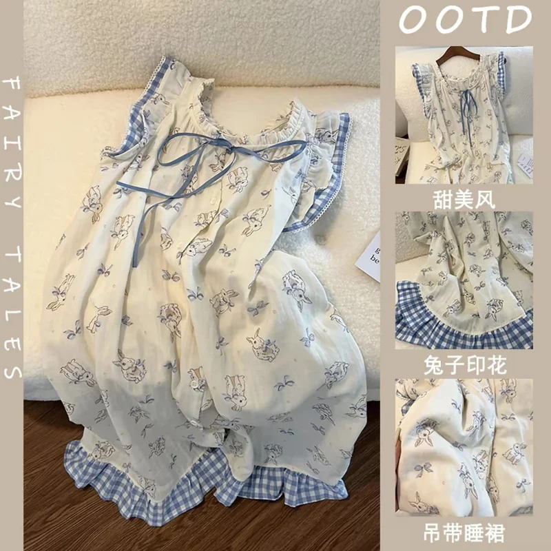 Thin Nightgown For Women, New Summer Model Cartoon Rabbit Print, Sweet Style, Loose-Fitting Home Dress With Straps