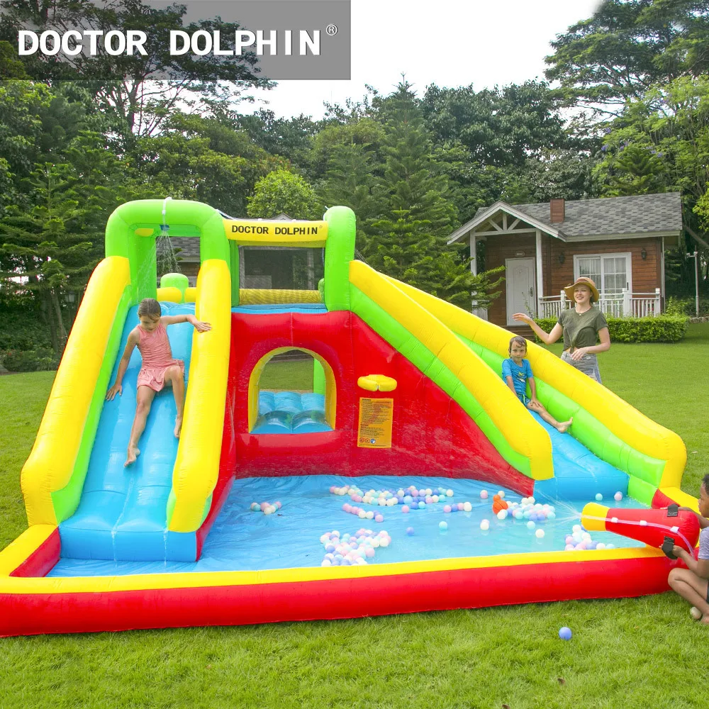 

Doctor Dolphin Inflatable Castle Water Slide Outdoor Water Spray Castle Bounce House Double Slide includes Blower For kids