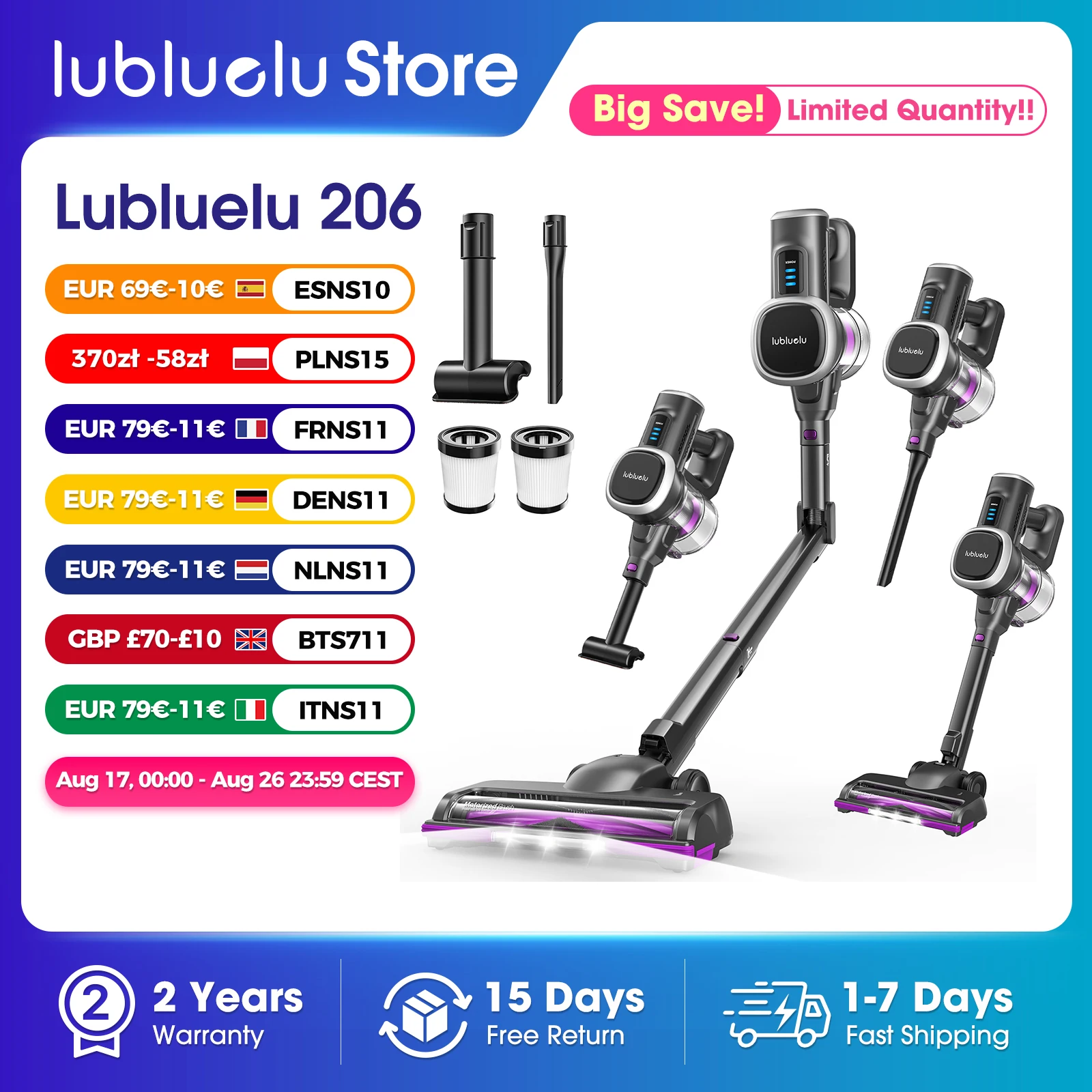 Lubluelu 206/P5 Cordless Vacuum Cleaner 45kPa Strong Suction 50min Runtime Self-Standing Anti-Tangle for Floors/Carpets