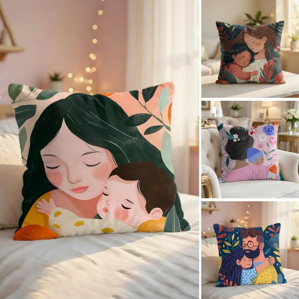 Love Mother Kids Flower Art Cushion Cover Silky Short Plush Invisible Zipper Dustproof Sofa Pillow Case For Home Decor