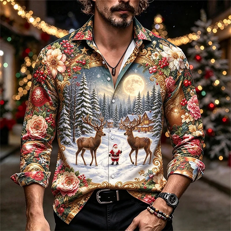 New men's shirt with navy blue and white Christmas wreath, pine cone bow, snowflake print, slim fit Christmas shirt