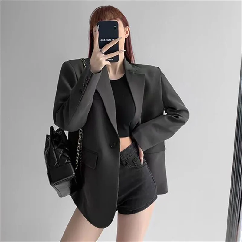 เกาหลีแฟชั่นสีดํา Blazer ผู้หญิงฤดูใบไม้ผลิฤดูใบไม้ร่วง High-end หลวมสบายๆแขนยาวออกแบบชุด Chic Blazer Mujer ใหม่