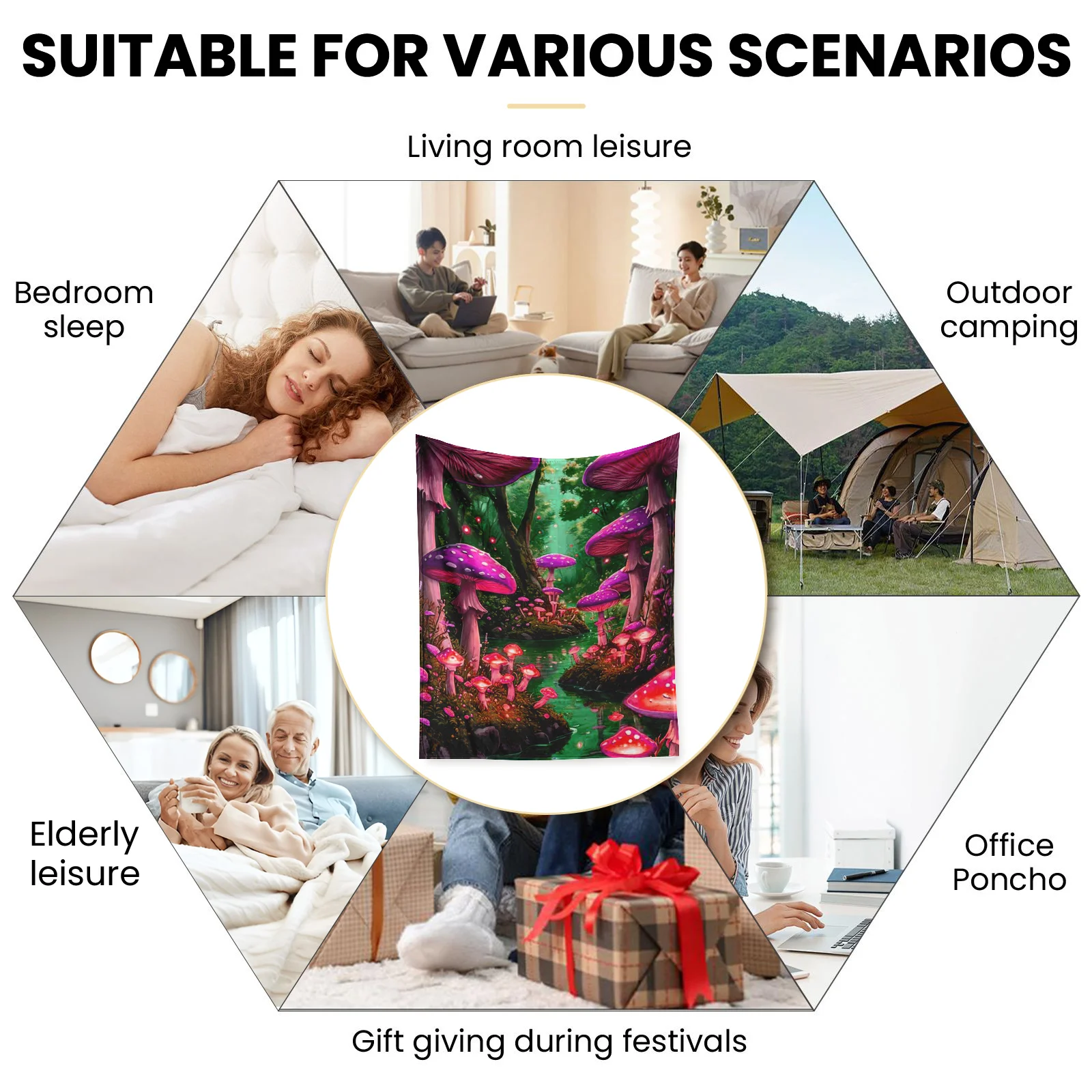 Manta con estampado de setas, magenta, verde y río, para decoración del hogar inspirada en la naturaleza, con acento esencial