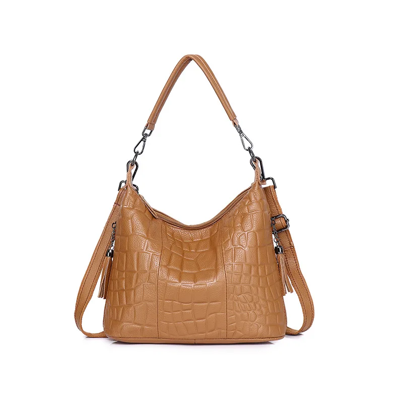 

Women's Genuine Leather Large Capacity Tote Bag - Retro Stone Pattern Shoulder Bag for Ladies Cowhide Minimalist Crossbody Bag