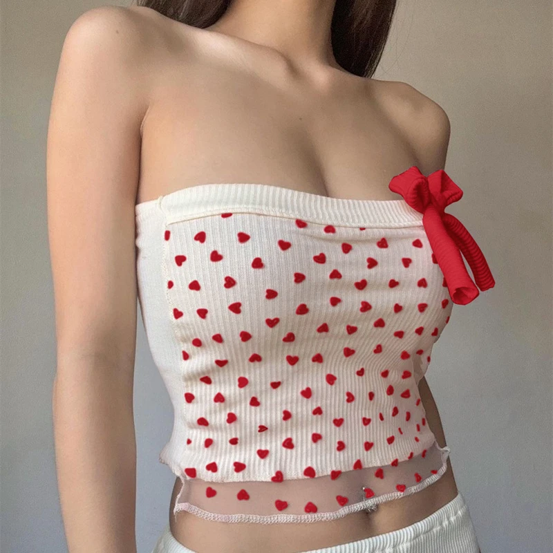 WhereMery Sexy Off Shoulder Y2K Korean Tank Top Aesthetic Print Mesh Perspective Tube Top Sleeveless BOW Temptation Crop Tops