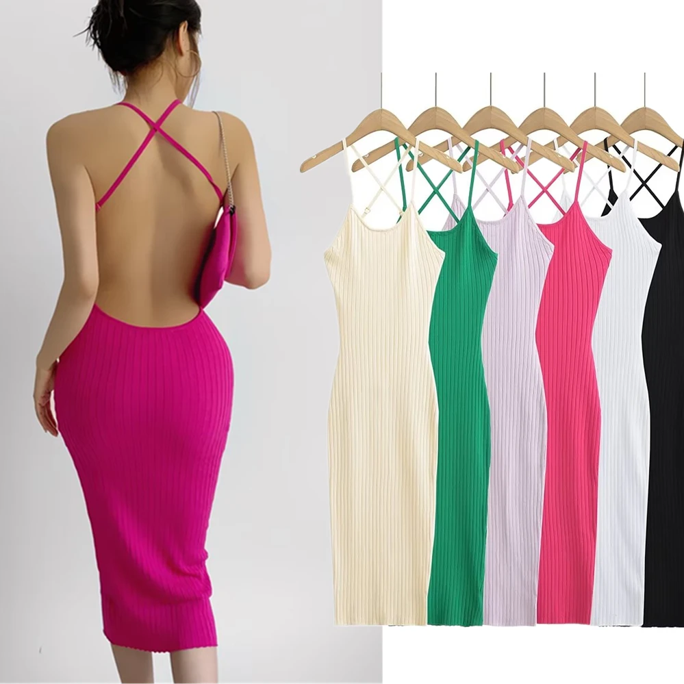 

Jenny&Dave Fashion Colorful Sexy Strappy Knitted Dress Women Summer Ins Blogger Sexy Backless Slim Dress