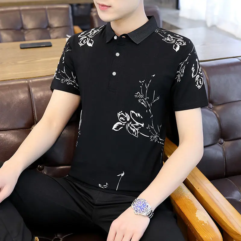 Fashion Lapel All-match Printed Short Sleeve Polo Shirts Men\'s Clothing 2024 Summer New Loose Casual Tops Korean Tee Shirt